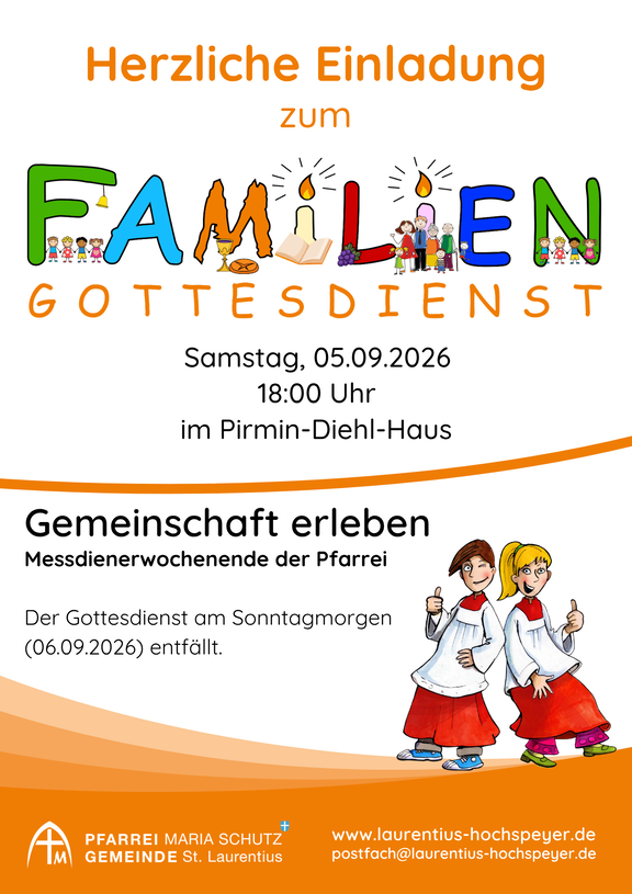 Der Gottesdienst findet am Samstag, den 05.09.2026 um 18:00 Uhr im Pirmin-Diehl-Haus Hochspeyer statt.